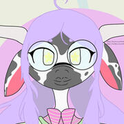 My character/sona Katherine. She is a cow furry with large horns, light yellow eyes, gray markings, floppy ears and glasses.